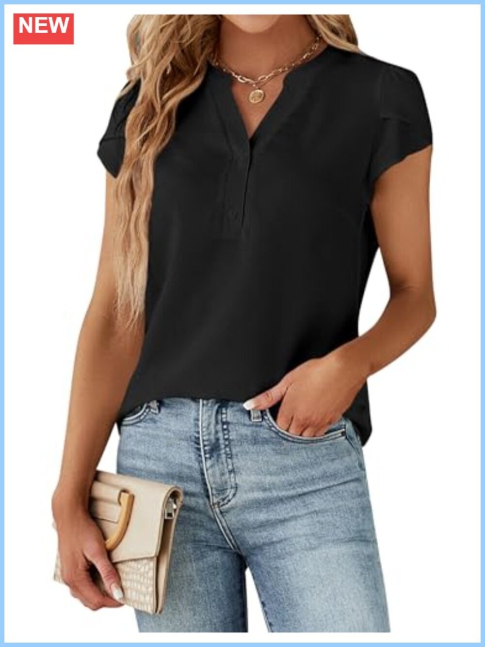 Dressy Casual Short Sleeve Blouse with V Neck and Button Front